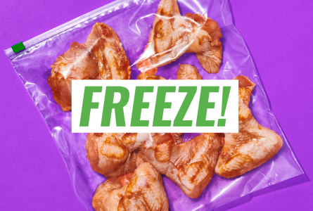 Freeze with image of raw chicken wings in a freezer bag