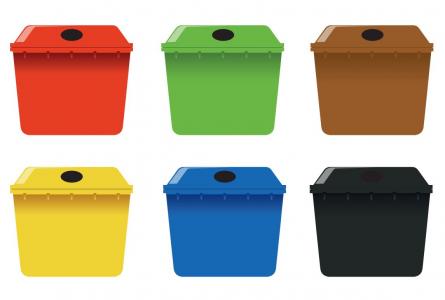Six bottle recycling boxes in different colours