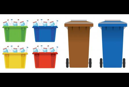 Illustration of different coloured recycling bins and boxes