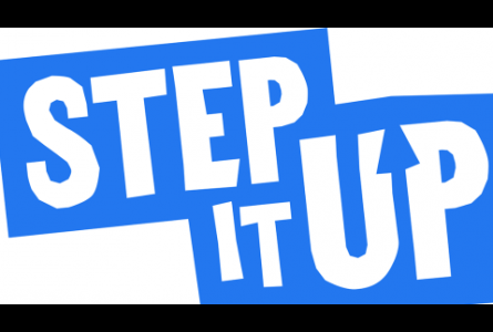 Step it up- white text on blue background