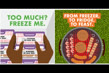 Illustrated hands putting food in labelled plastic containers in a freezer. Text reads 'Too much? freeze me.'. The photo beside is an illustrated barbecue with prawns, kebabs, sausages, burgers with the text 'from freezer, to fridge, to feast'. 